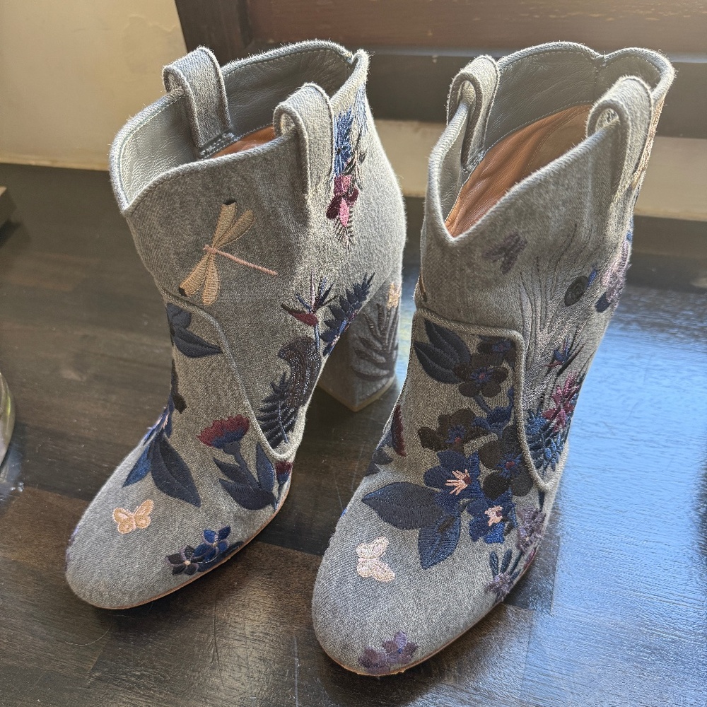 Laurence Dacade Embroidered Denim Boots, size 40